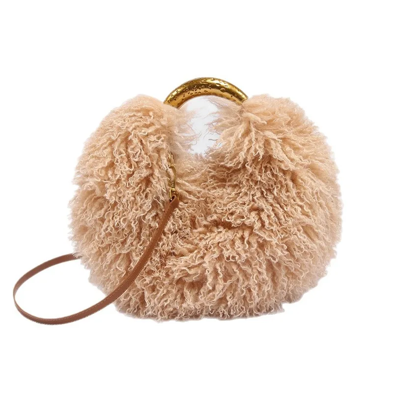 

Fuzzy Faux Fur Bag for Women Luxury Designer Fashion Long Fur Wool Bag Handbag Imitating Wool Crossbody Round Soft Plush Bag