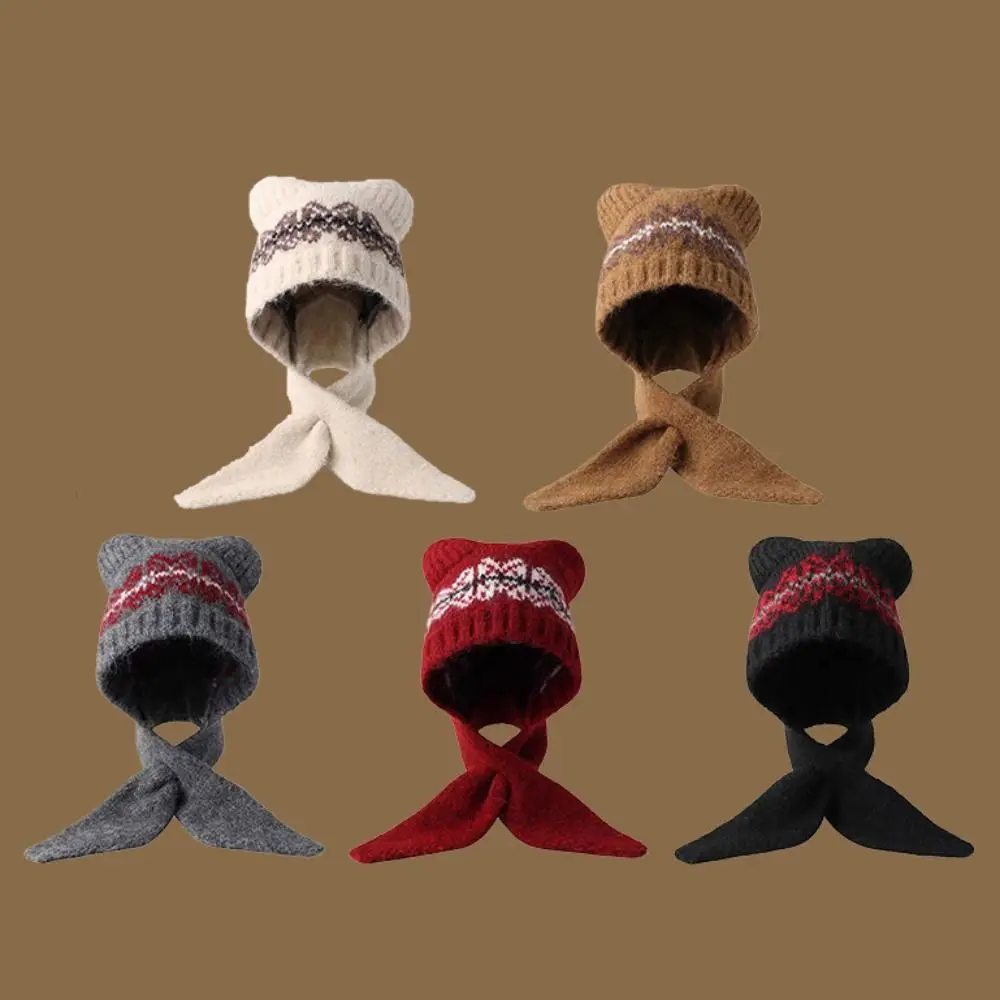 لطيف معرض جزيرة نمط الجاكار محبوك قبعة الصوف مبطن العرقية نمط الطباعة قبعة متماسكة الكورية لطيف الدب آذان بيني الخريف #3