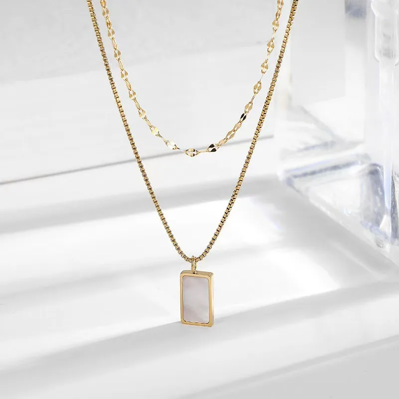 

Rectangle Mother of Pearl Necklace, 18K Gold Titanium Steel Two-Layer Choker for Women, Stackable Layered Chain
