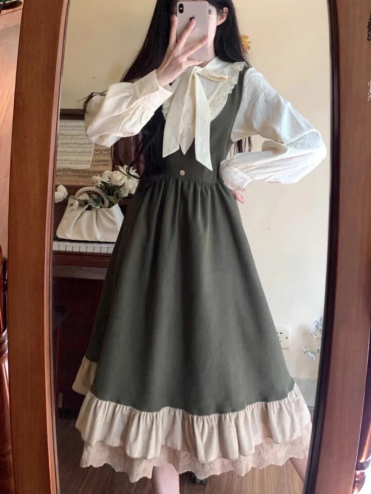 

L-4XL Plus Size New Spring Lolita Big Swing Dress Women Temperament Princess Strap Dresses White Long Sleeve Shirt Two-piece Set