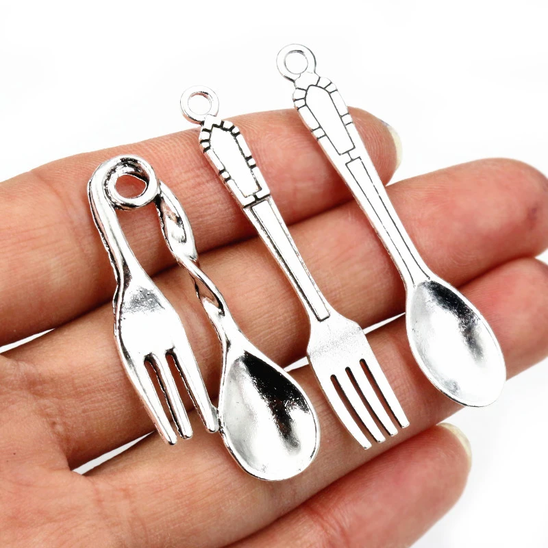 20pcs Spoon Fork Dining Charms Tibetan Antique Silver Plated Tableware Pendants Charms DIY Jewelry Making Accessories Findings