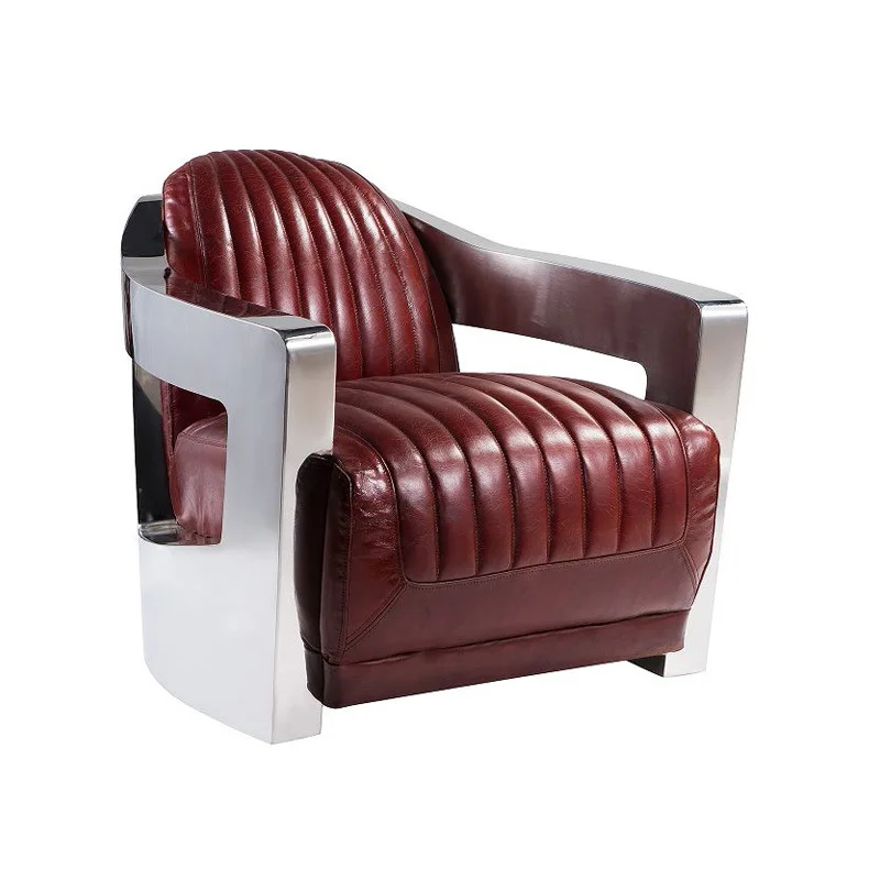 European light luxury stainless steel leather sofa chair single seat first layer cowhide armchair
