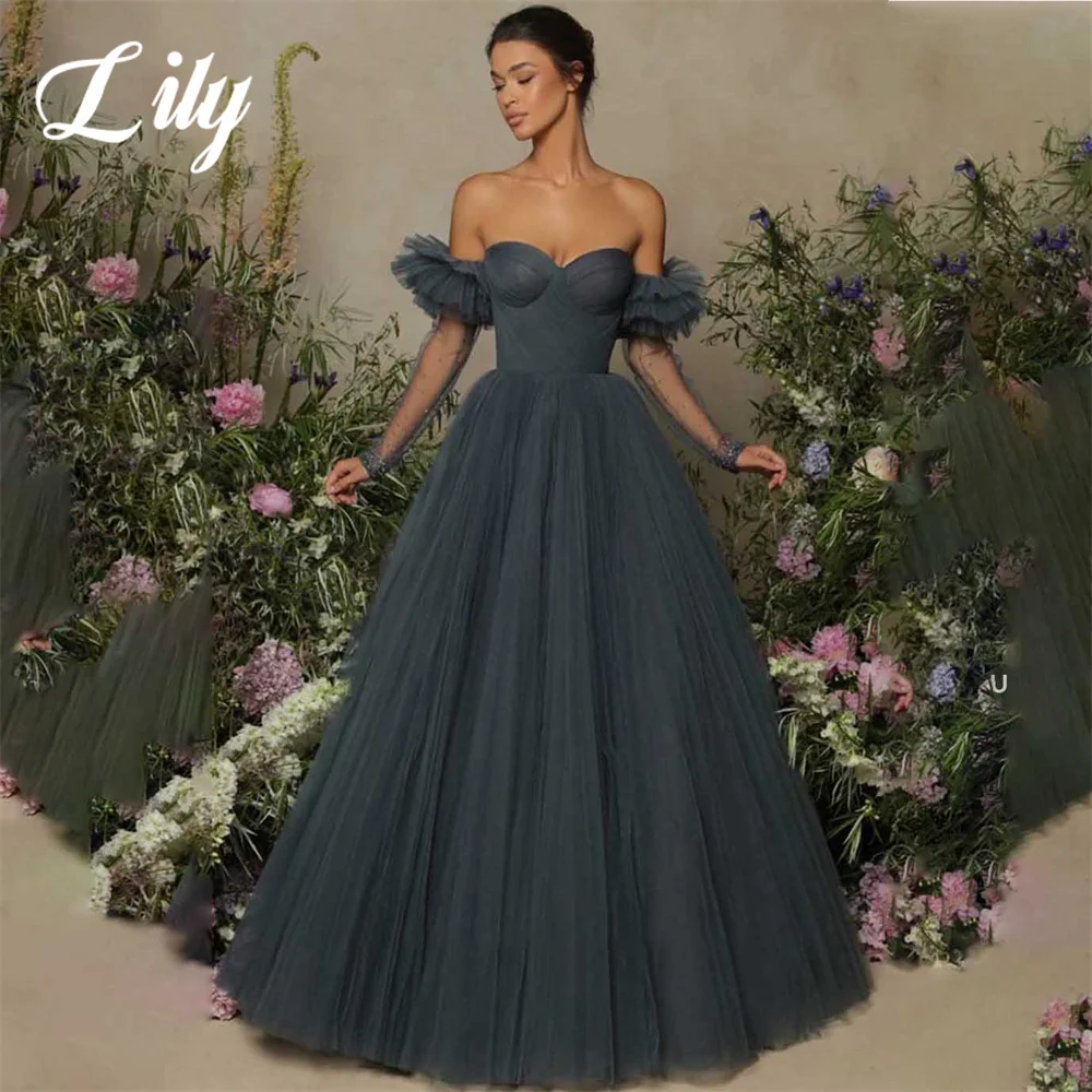 

Lily Navy Blue A Line Formal Dress Tiered Sweetheart Party Dress with Pleats Off The Shoulder Special Occasion Dress robe soirée