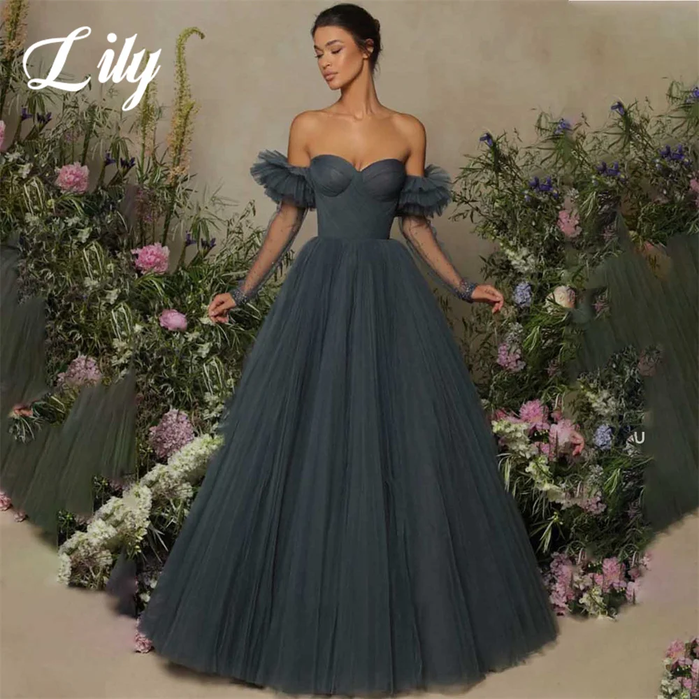 Lily Navy Blue A Line Formal Dress Tiered Sweetheart Party Dress with Pleats Off The Shoulder Special Occasion Dress robe soirée