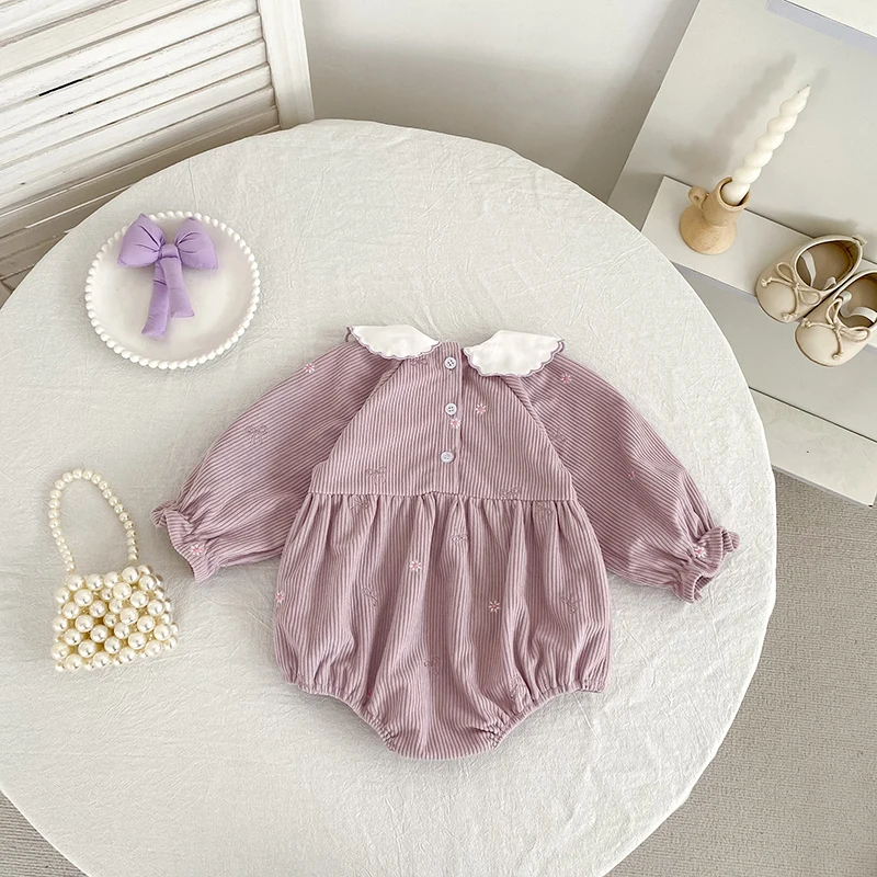 2026 Baby-Mädchen Cord-Strampler 0-24M Süßer Schleifenkragen mit Stickerei Langarm-Body für Kleinkinder Mädchen Frühling Winter Jumpsuit – Detail 5