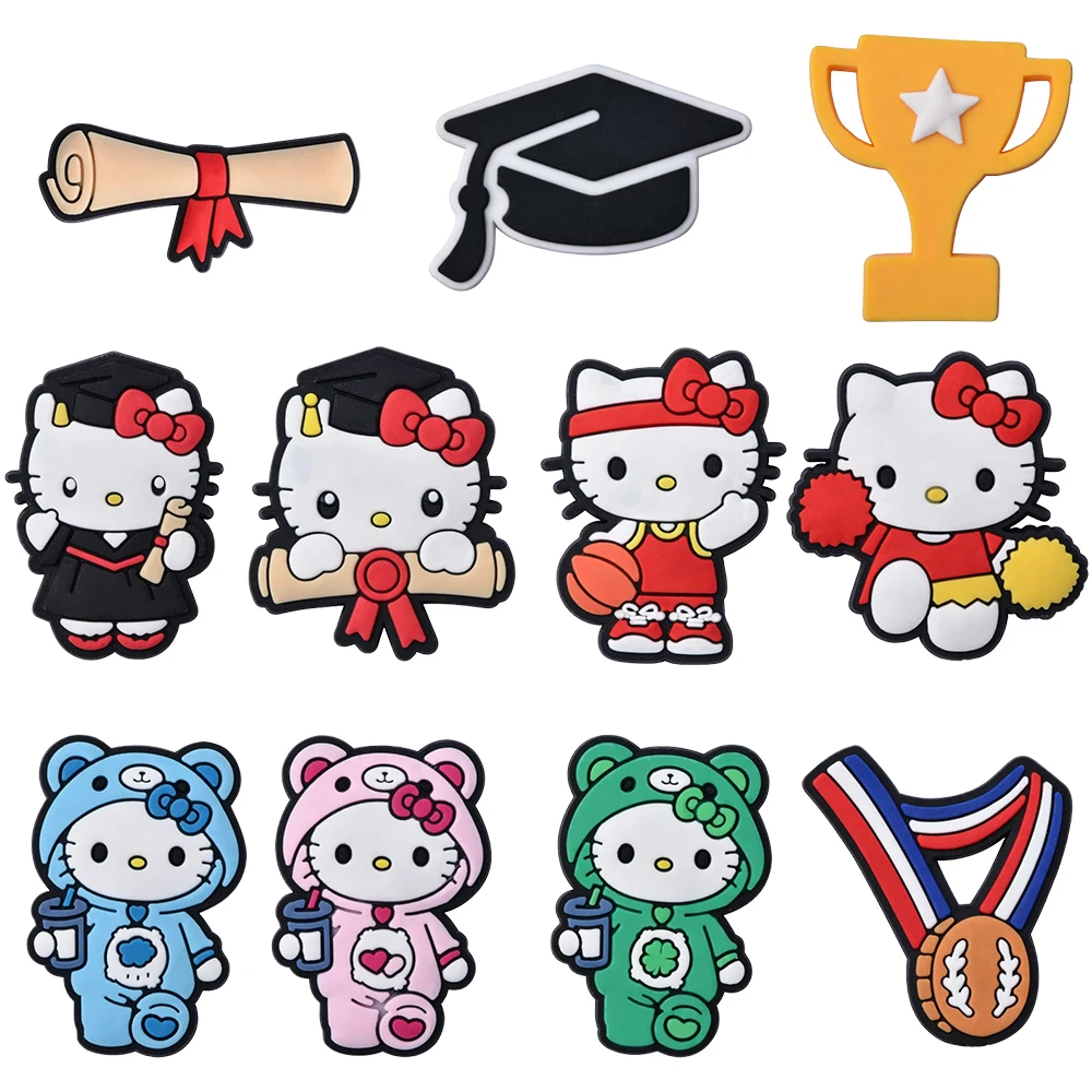 Graduate Hello Kitty 5-11PCS Shoe Charm Wholesale PVC clog Wristband bag Decor Buckle Sandal Detachable Waterproof Xmas Gift