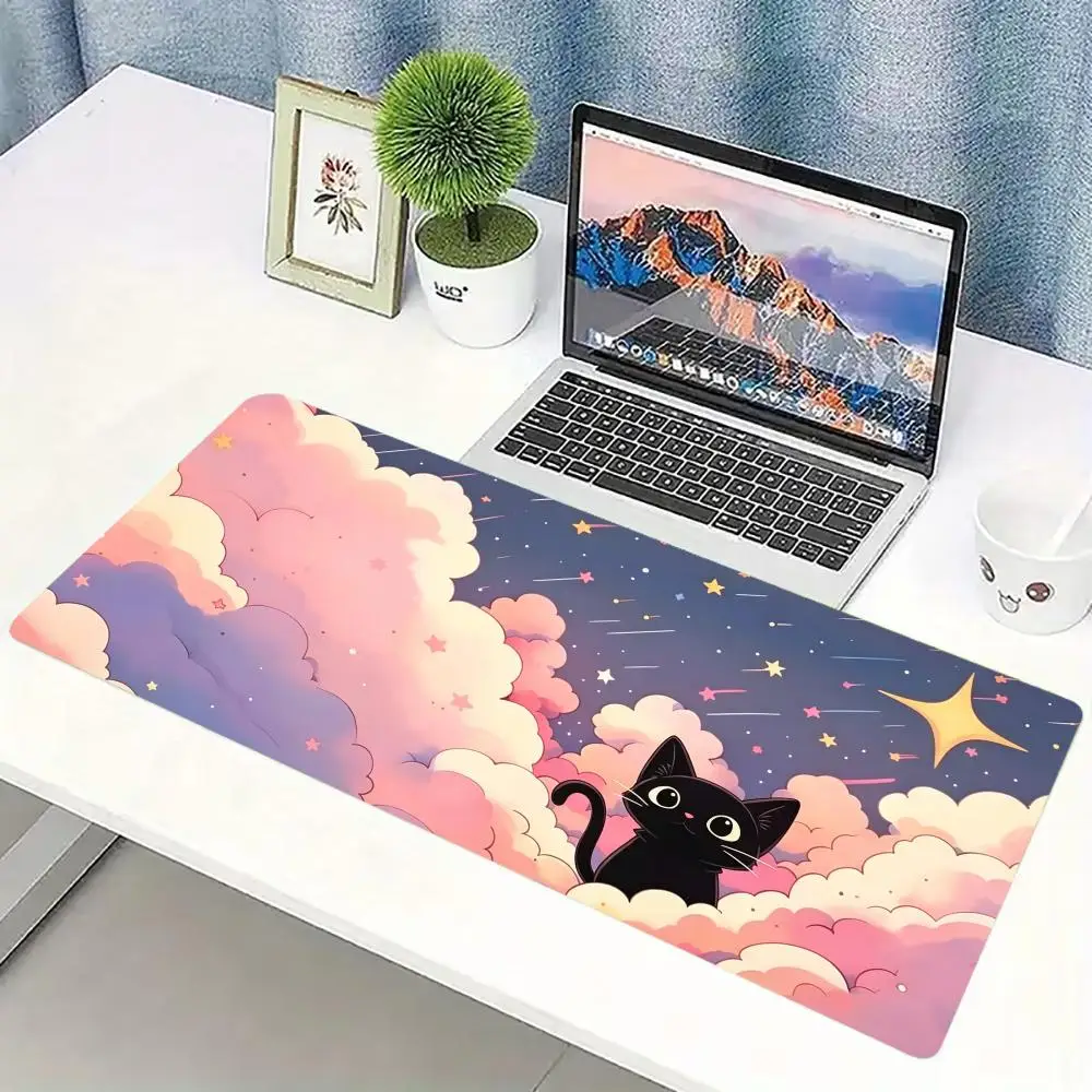 Pastel Cloud Star Cartoon Animal Gaming Mouse Pad Non Slip Rubber Stitched Edge Keyboard Mat For Laptop Office Desktop Setup