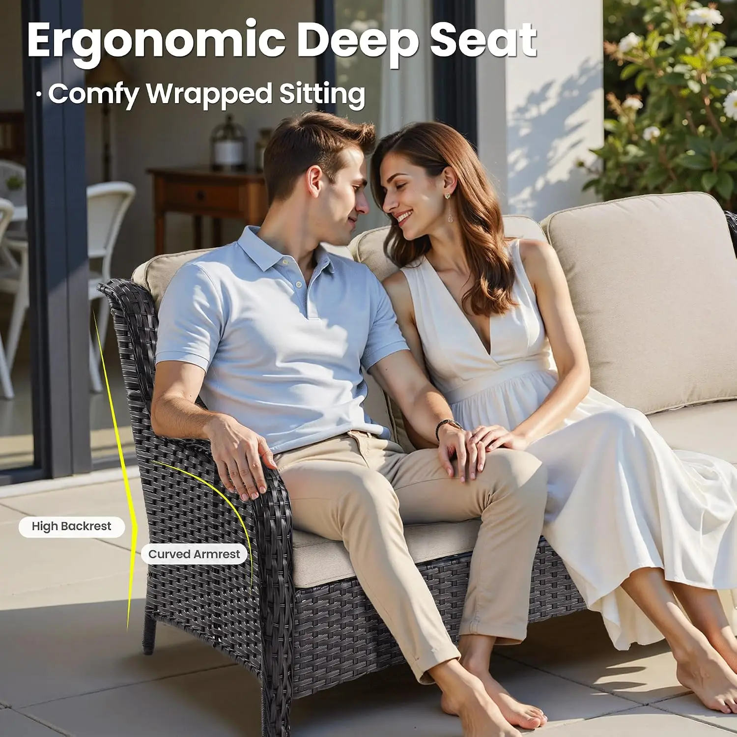 High Back Wicker Patio Sofa Set with 2 Ottomans & Footrests, Comfy Cushions for Porch Deck, Brown Rattan Beige, Customized