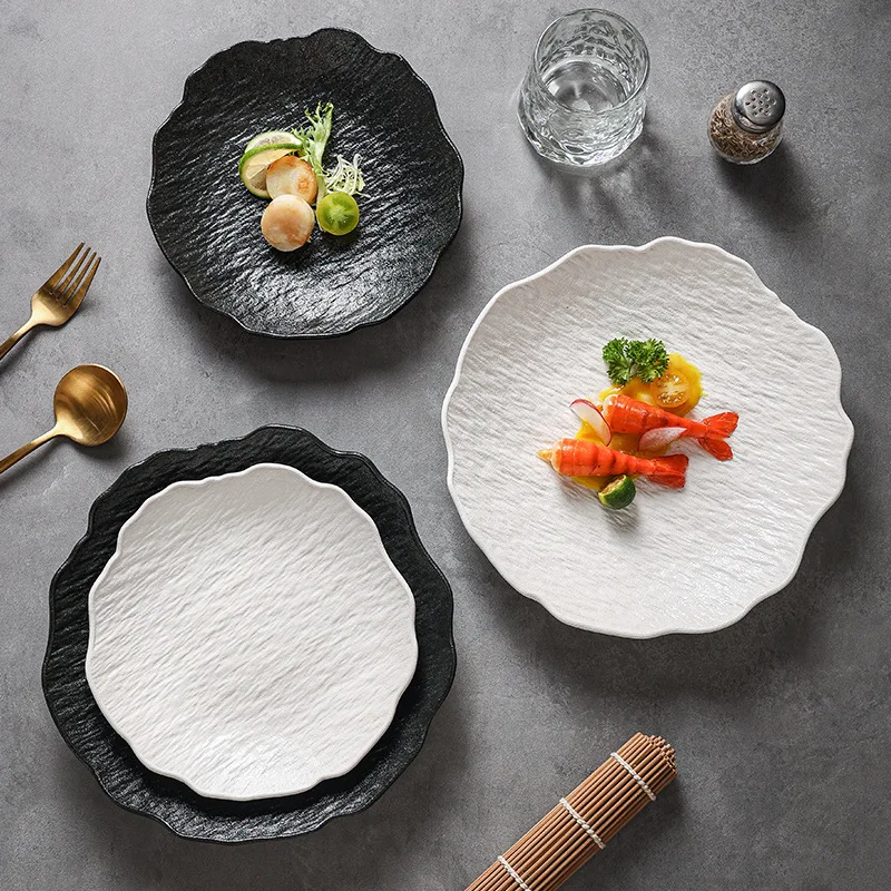 Japanese Style Irregular Stone Pattern Ceramic Deep Plates, Elegant Creative Salad Plates for Home Tableware