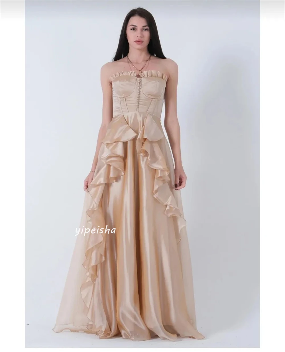 Maßgeschneiderter Abendkleid aus Organza, drapiert, mit Falten, gerüscht, Valentinstag, A-Linie, trägerlos, maßgeschneidertes Anlasskleid, lange Kleider, Saudi-Arabien