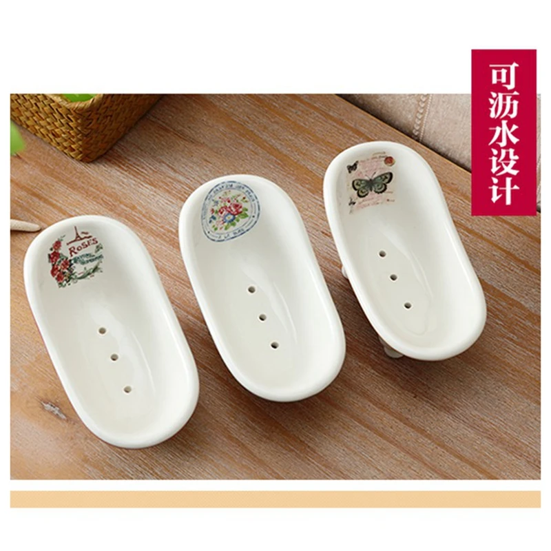 Modern Fashion Draining Hole Soap Box Bathtub Shape Rose Pattern Ceramic Soap Dish Bathroom Artistry Soap Tray Hotel Soap Rack