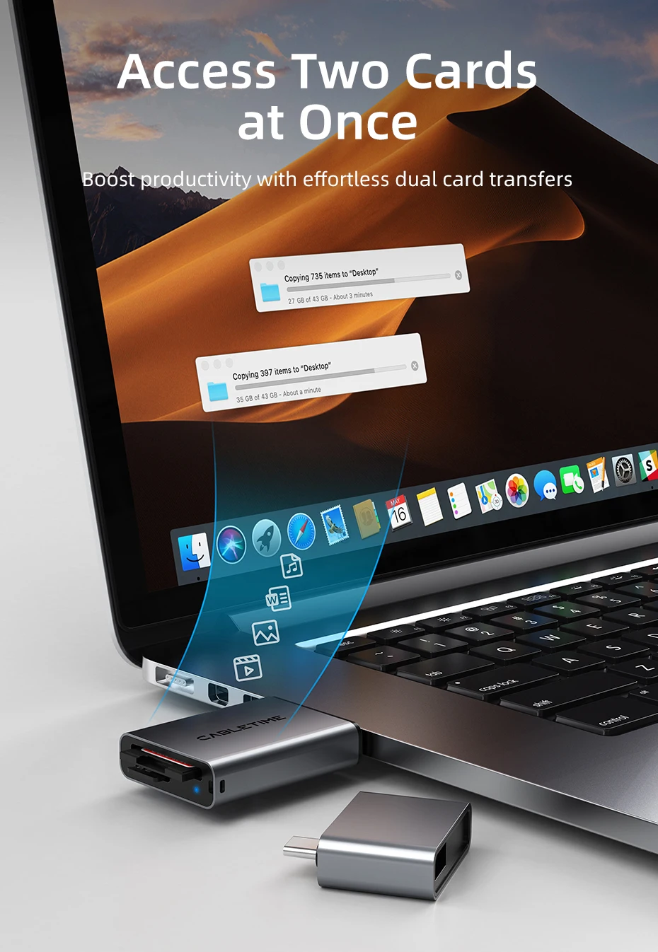 CABLETIME SD4.0 Kartenleser 3 IN 1 312 MB/s 5 Gbit/s USB A & USB C auf SD/TF Speicherkartenadapter für Laptop, Telefon, MacBook – Detail 7