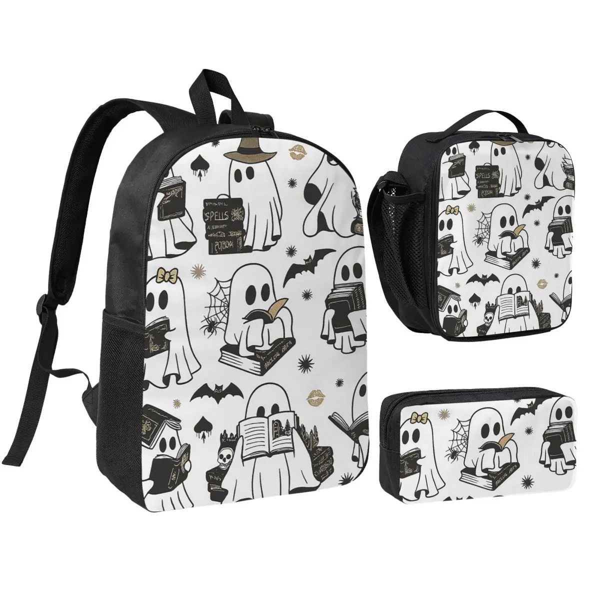 Cute Ghost Reading Books Design Backpack Student BookBag School Bag Shoulder Bags 3ps Insulated Lunch Bag Pencil Case