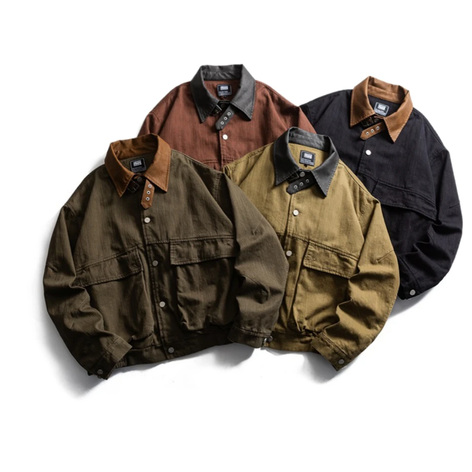 

PU Leather Splicing Jackets Mens Streetwear Harajuku Cotton Casual Coats Oversized Vintage Large Pockets Cargo Jacket Male