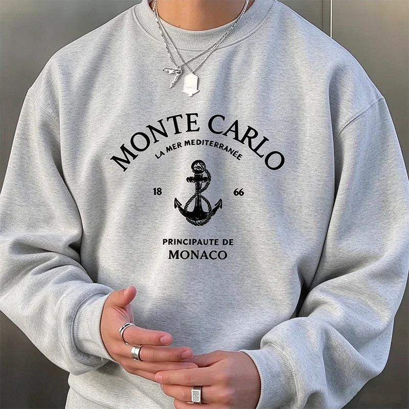 Monte Carlo Print Hoodies Men Fall Winter Casual Fashion Vintage Minimalist Loose O-Neck Pullover Long Sleeve Fleece Sweatshirts