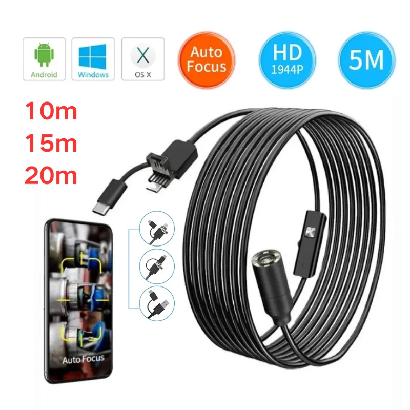 10 /15/20m Auto Focus Endoscope Camera 3-in-1 Engine Repair Duct Sewer Inspection Fishing Borescope Camera Support Android PC