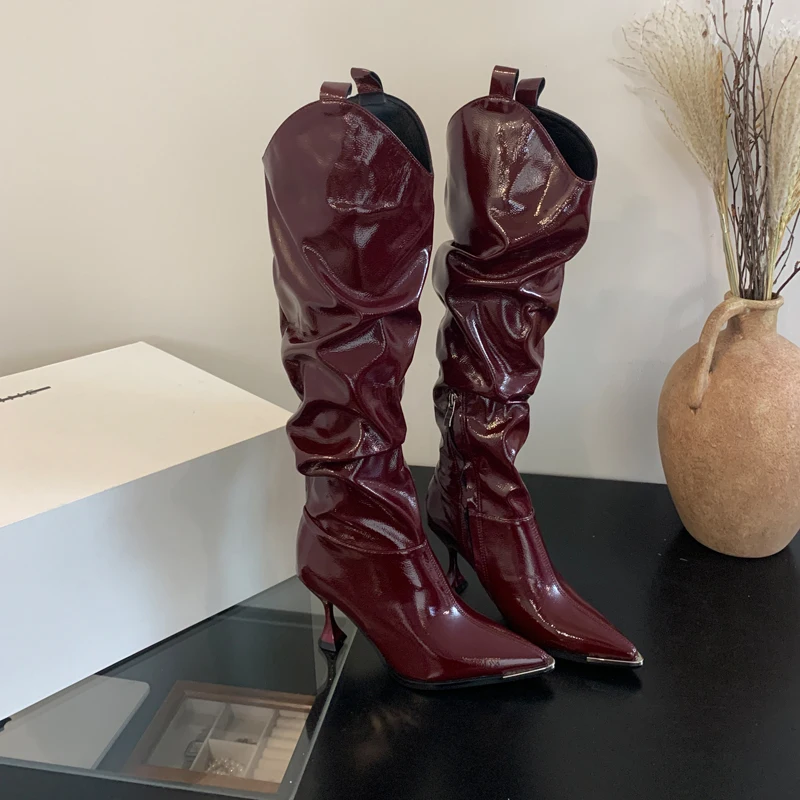 8cm High Heel Boots Wine Red Over The Knee Boots Woman Patent Leather Ladies Black Shoes Fall Botas Largas Mujer 2024 Tendencia