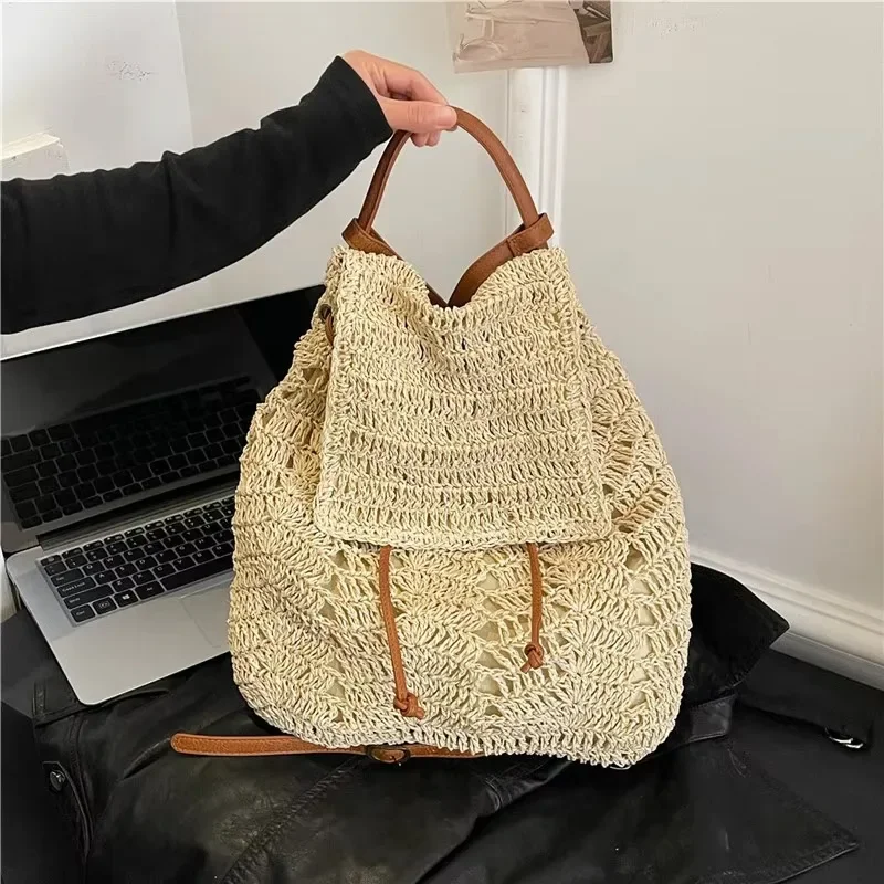 Concise Large Capacity Straw Weaving Hollow Out Drawstring Backpacks 2025 New High Quality Versatile Commute Student Backpacks