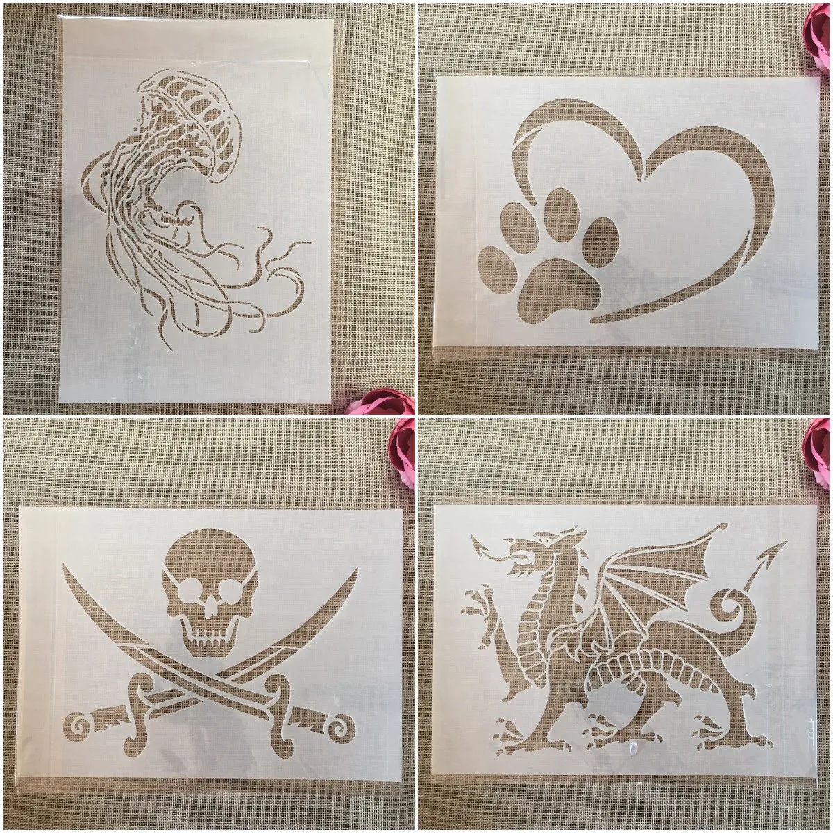 4Pcs/Set A4 29cm Jellyfish Dragon Pirate Paw DIY Layering Stencils Painting Scrapbook Coloring Embossing Album Decor Template