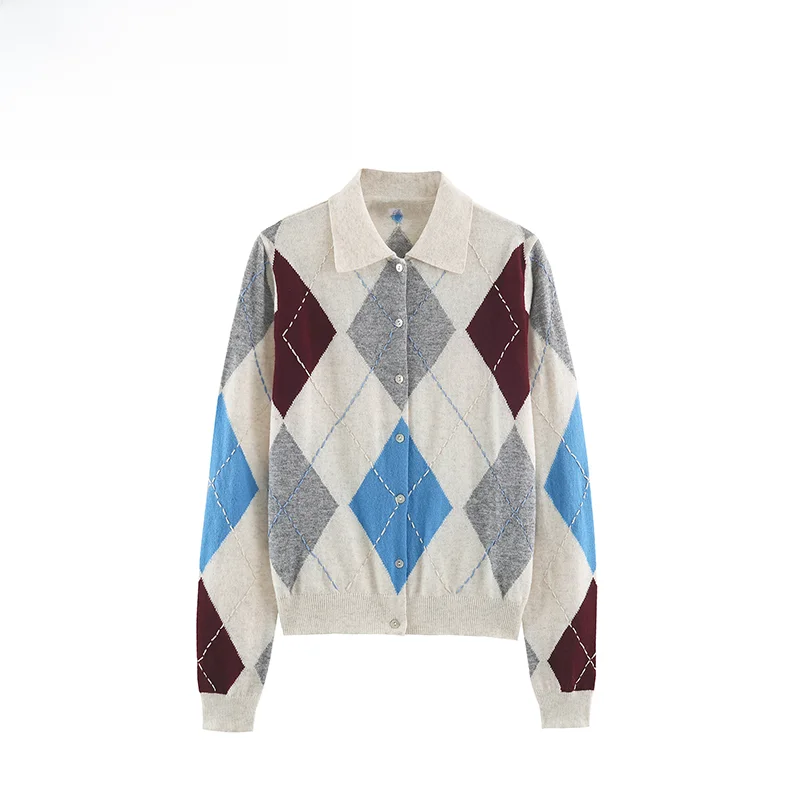 Fashionable Diamond Pattern Knitted Jacket Women's Casual Wear Polyester Fiber Open Cardigan Style Autumn New Arrival