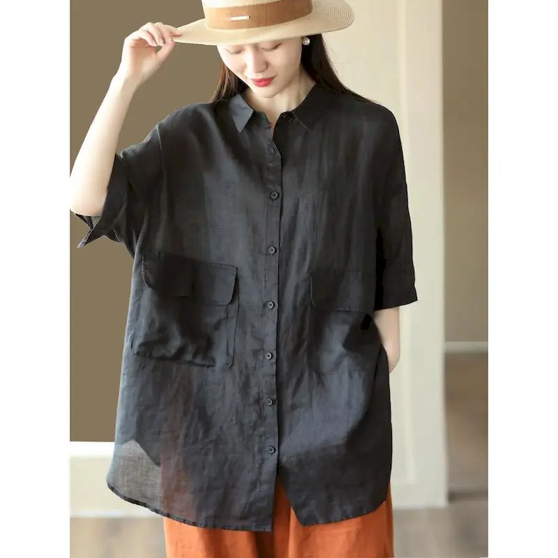 

Хлопковые льняные блузки для женщин: летний тренд, тонкая рубашка с рукавом до локтя, отложным воротником, элегантный оверсайз-топ с множеством пуговиц