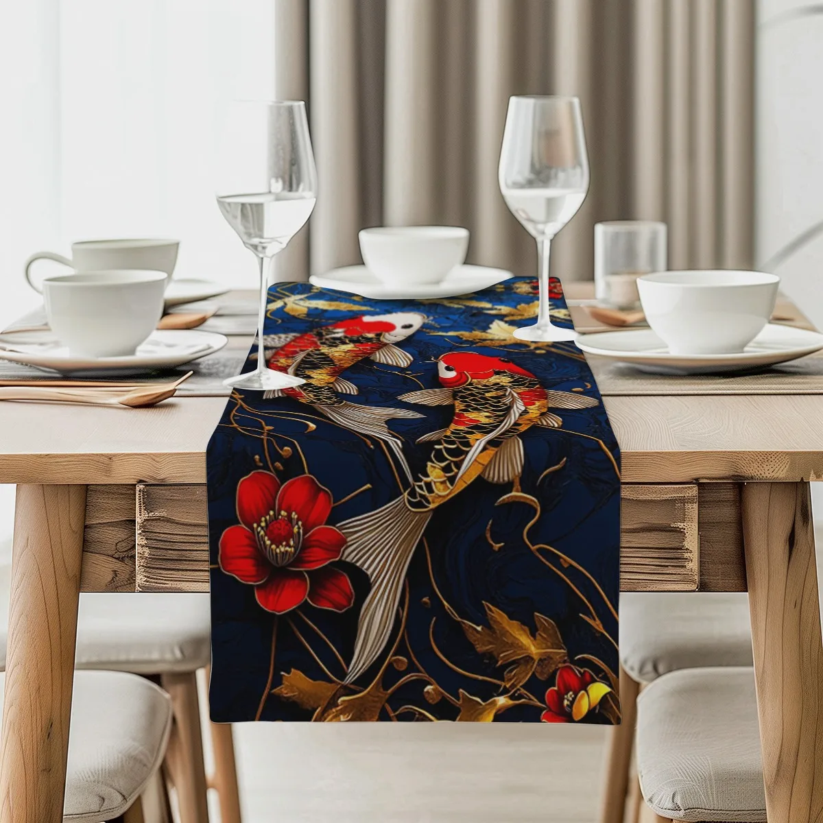 

decoration table runner Koi Fish and Golden Leaf Luxury Style Long cloth for home, kitchen,outdoors,garden,restaurants,banquet s