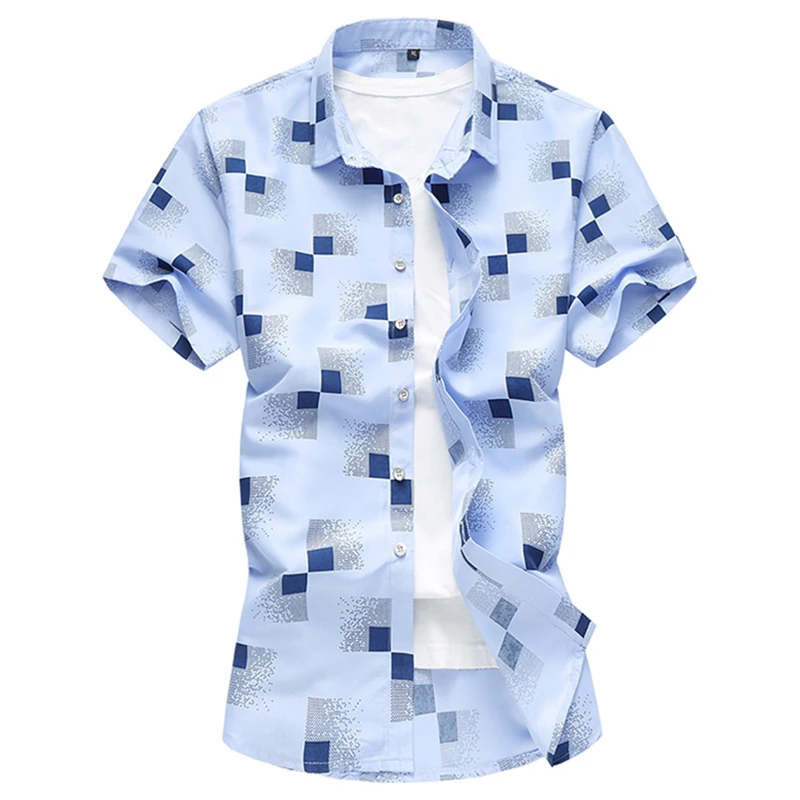 Summer Men\'s Geometric Plaid Printed Hawaiian Vacation Short Sleeve Shirts Camisa Masculina Male Brand Casual Shirt 5XL 6XL 7XL