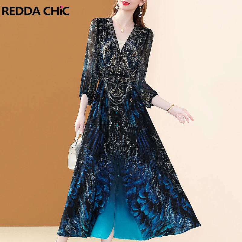 

ReddaChic Luxury Diamond Puff Sleeves Chiffon Dress Women Peacock-inspired Summer V-neck Slit Flowy Long Dress Ethnic Clothes