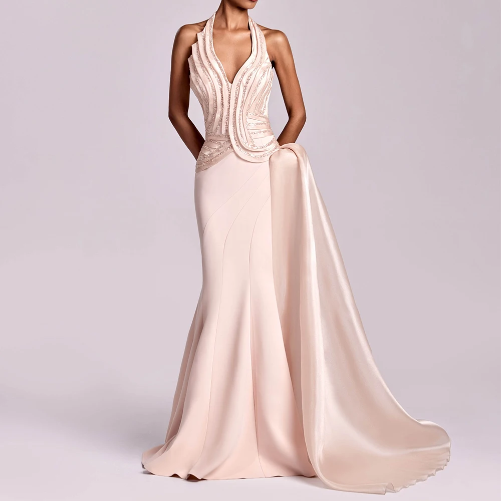 

Customized Jersey Mermaid Halter Sequined and Crystal Evening Dress Floor Length Sleeveless Zipper Back Panel Train Modern