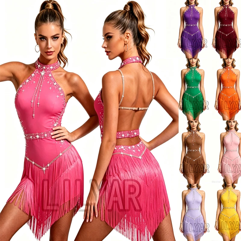 Competition Costume Performance New Latin Dance Costume Dance Skirt Chinese Style Multiple Colors Tassels Slim Fit Shiny Diamond
