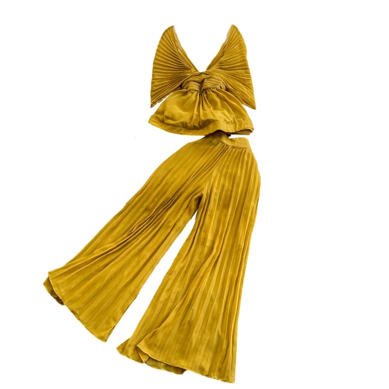 Pant Set Women Two Piece Sets V Neck Ruffles Bat Sleeve Short Tops Wide Leg Long Pants Elastic Waist Y2k Streetwear Elegant