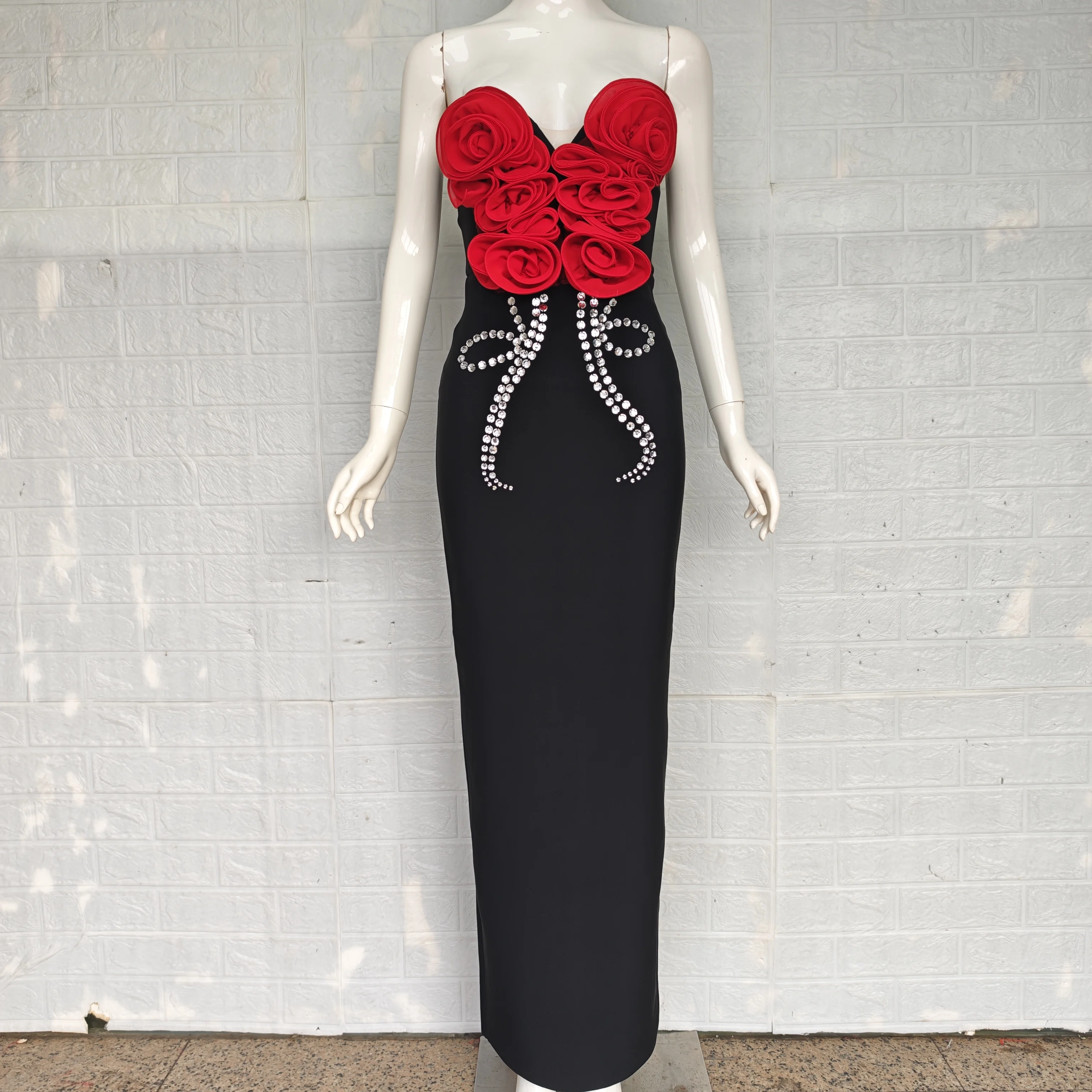 

Rose Red Color Wome New Style Sexy Off the Shoulder Big Florals Bandage Bodycon Dresses Elegant Luxury Party Evening Dresses