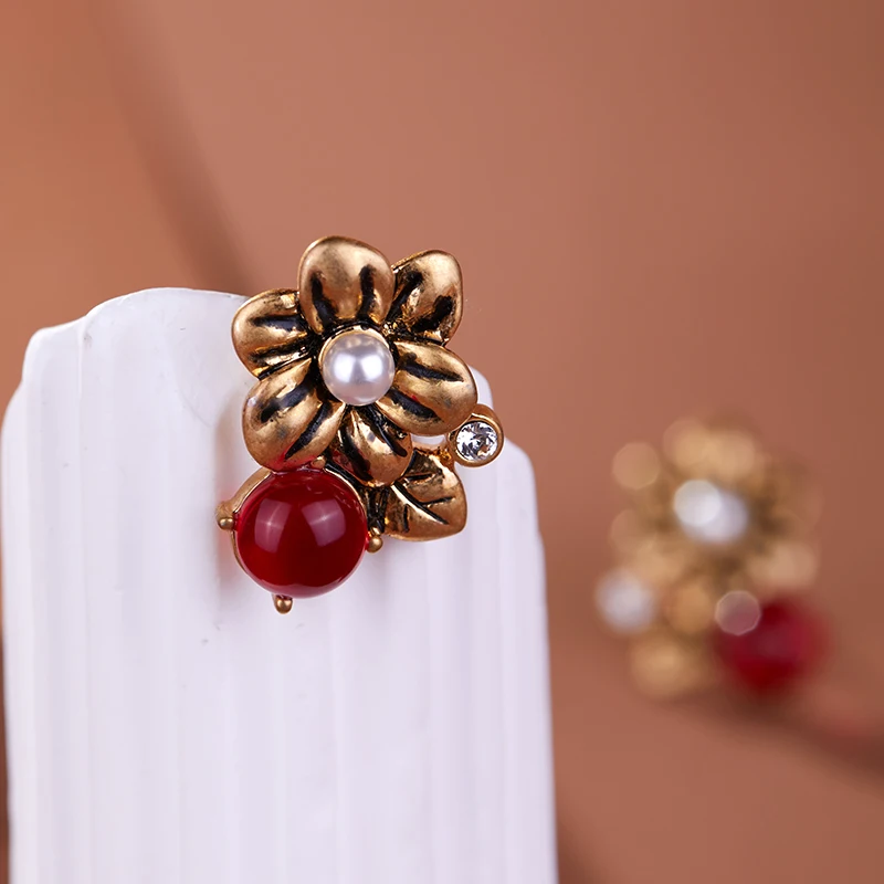 LEWIS SEGAL Medieval Style Vintage Golden Flower Red Glaze Beads Stud Earrings for Women 18K Gold Retro Fine Jewelry