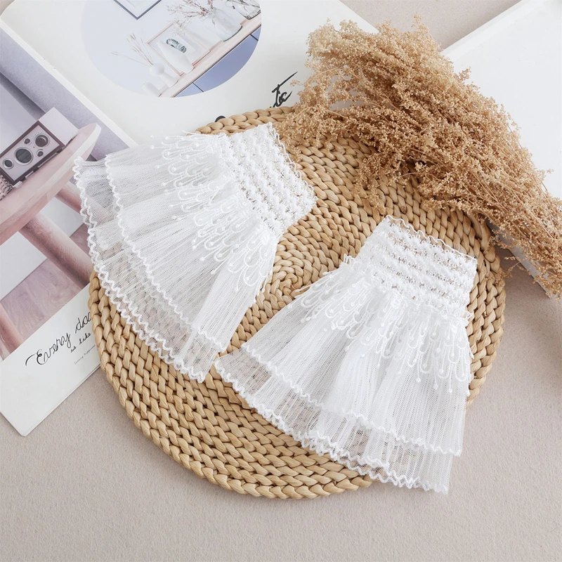 Tull blanco elástico corto falso mangas acampanadas doble capa volante encaje puños desmontables suéter accesorios decorativos