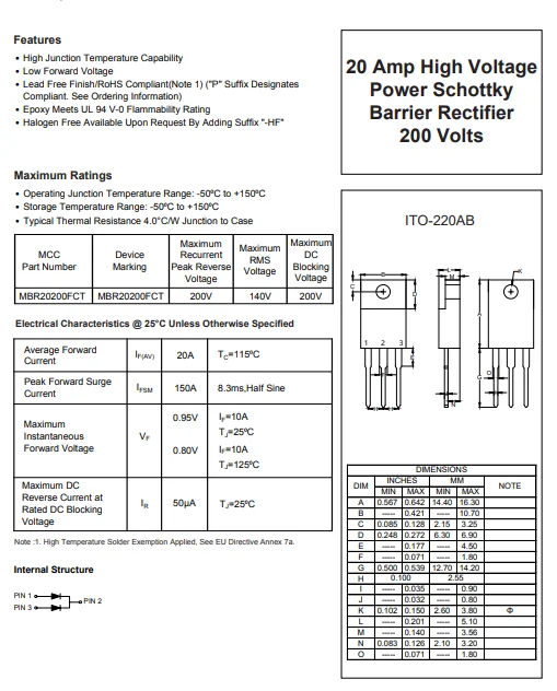 (10 pcs) MBR20200FCT-BP ITO-220AB MBR20200- Schottky Diode Array 200V 20A Common Cathode