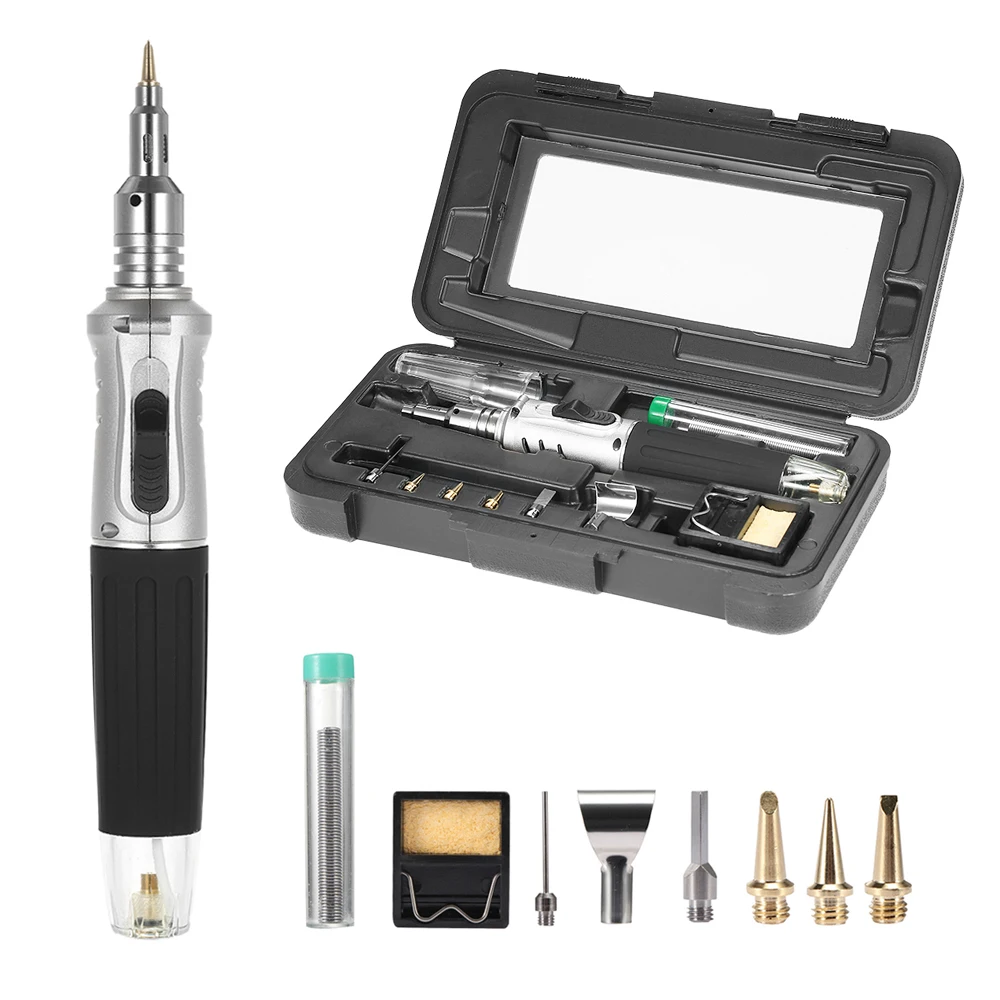 Multifuncional Ferro de Solda Caso Set, ignição automática butano isqueiro, Cordless Welding Torch, Pen Repair Tool Kit, 10 em 1 Gás