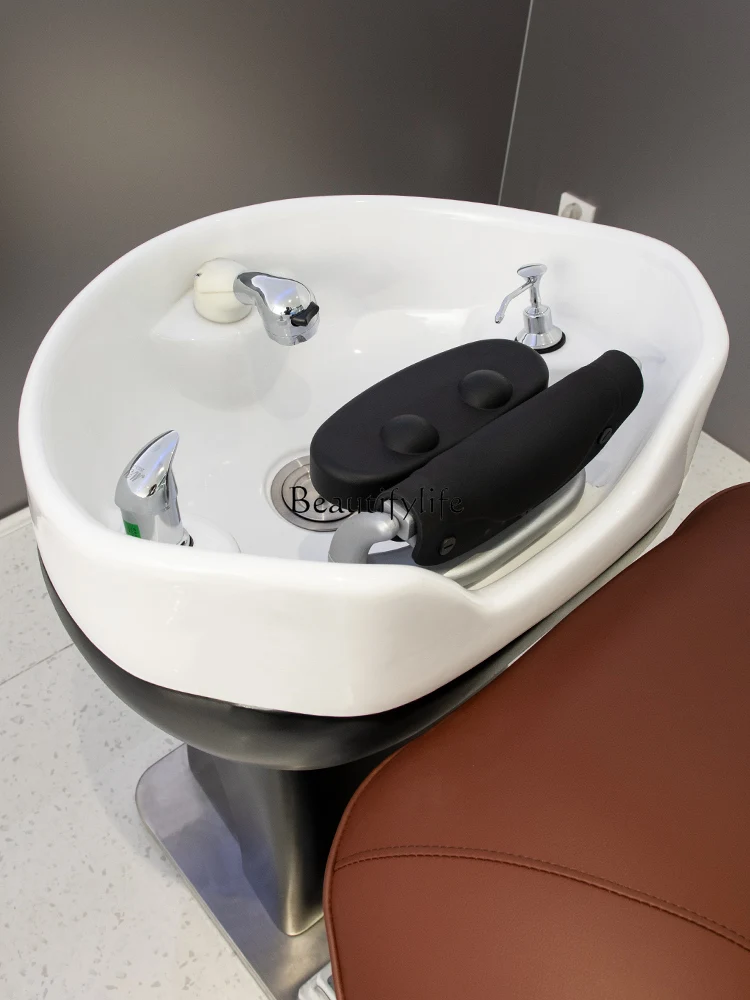 Electric Lifting Barber Shop Ceramic Basin for Hair Washing Station Half Lying Lifting Shampoo Bed