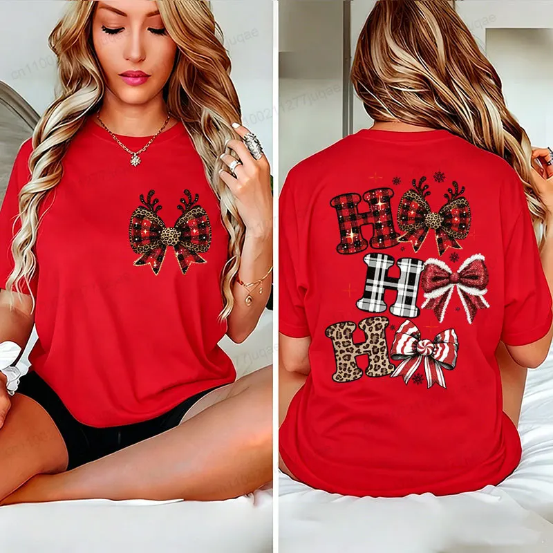Ho Ho Ho Christmas Graphic T-shirt Double Sided Leopard Bow Print Kids Xmas Short Sleeve Tee Shirts Christmas Party Outfit Gifts