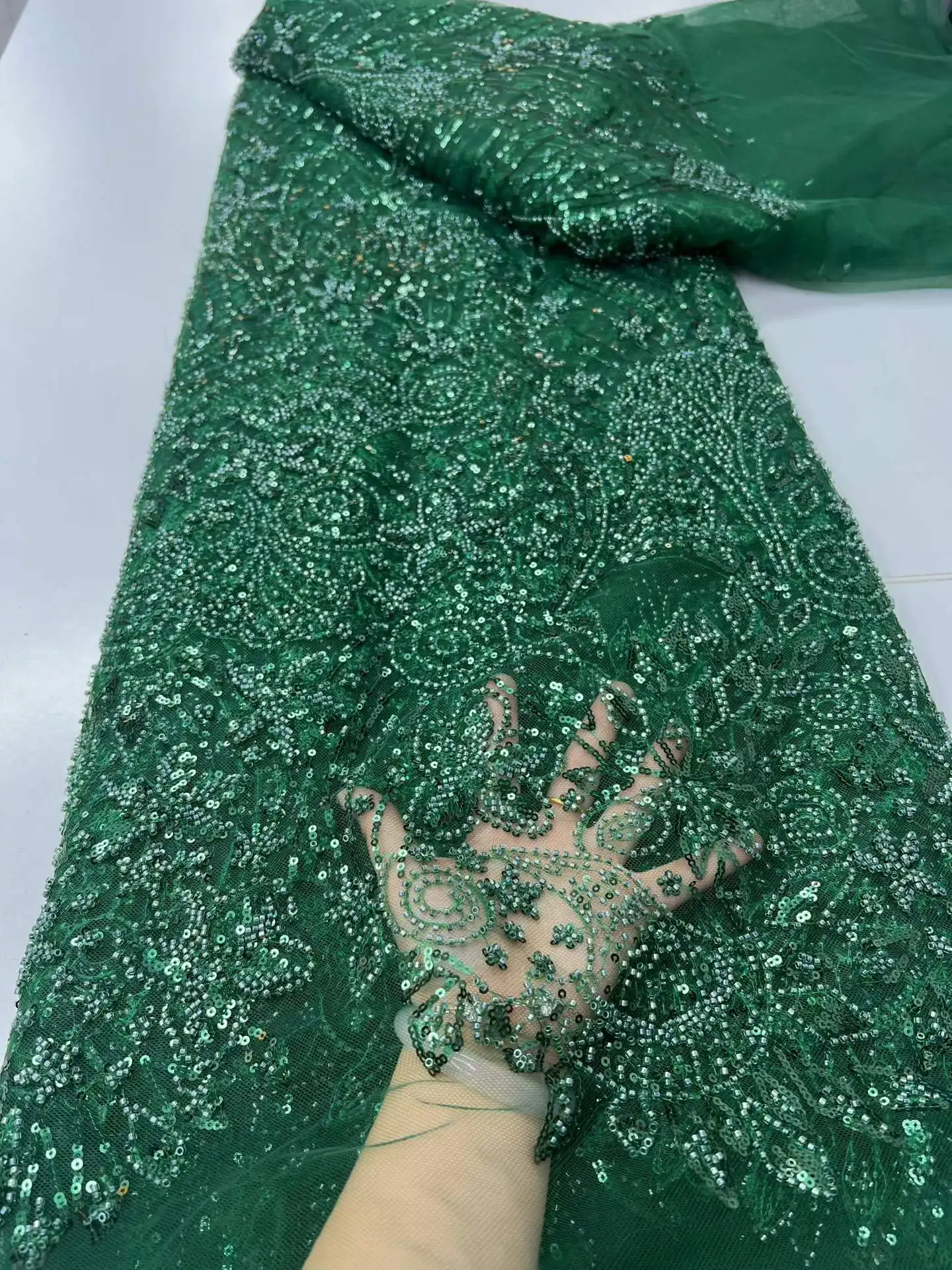 

Green Fashion Latest Africa Embroidered Tulle Net Fabric With Beads High Quality Luxury Sequins Net Lace Evening Party Dress