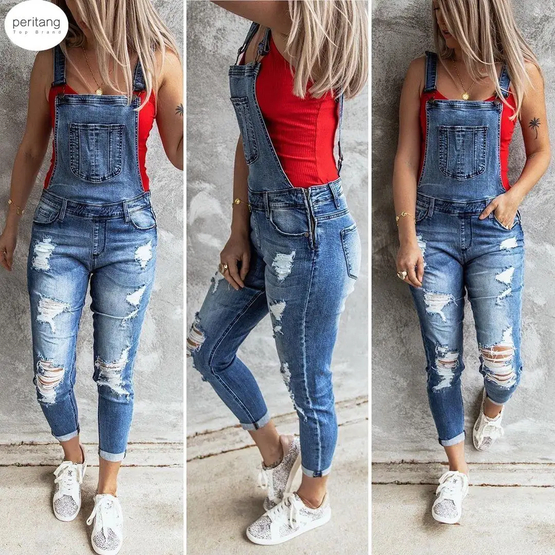 

Women Sexy Ripped Hole Denim Jumpsuit Ladies Autumn Fashion Loose Jeans Rompers Vintage Casual Pocket Overall Playsuit