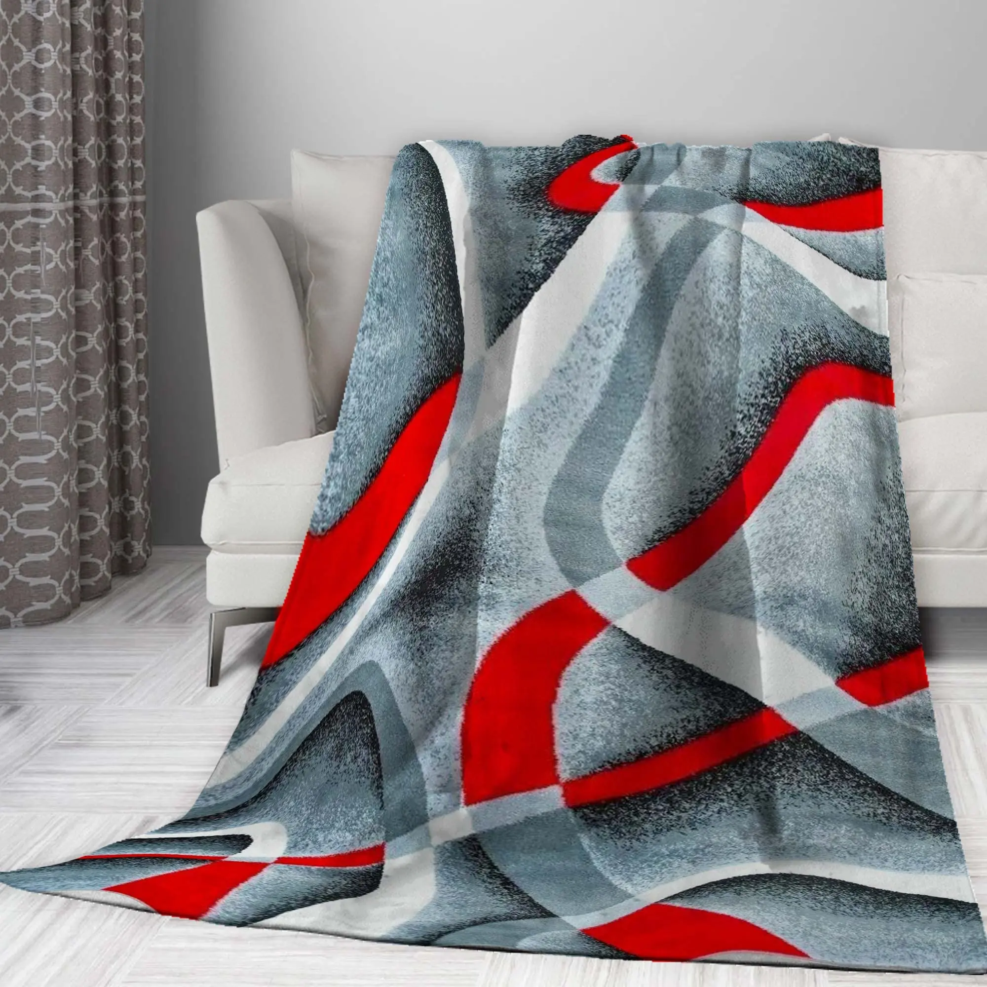 Flannel Blanket Gray Black Red White Swirls Throw Blanket for Sofa Bedroom Couch Travelling,All Season Air Conditioning Blankets