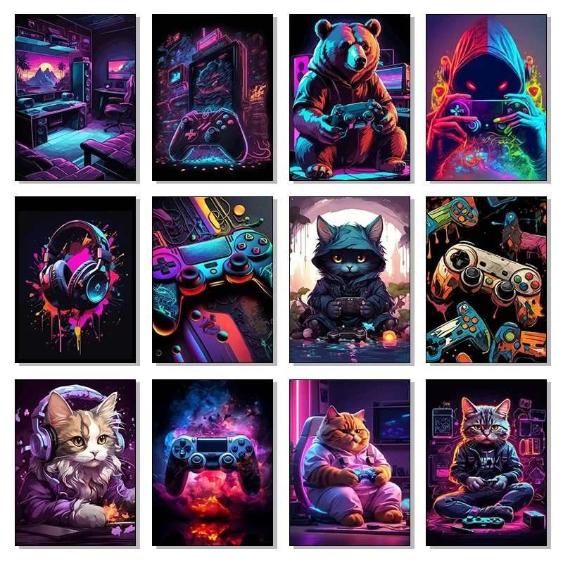 Colorful Neon Game Console Cat Headphones Poster Canvas Painting Graffiti Gaming Controller Wall Art Gamer Bedroom Home Decor