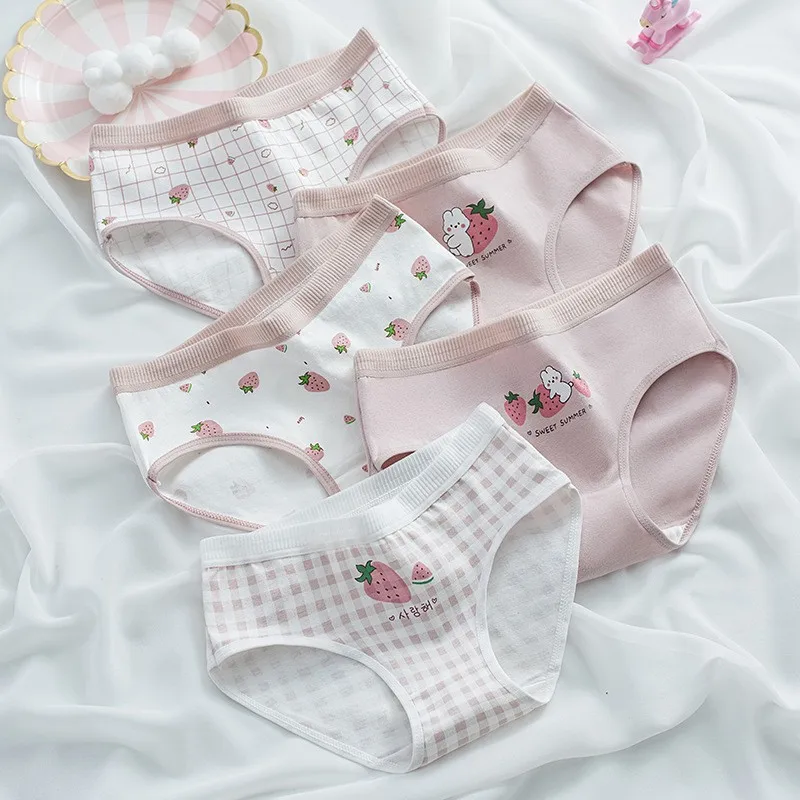 5 peças de calcinhas antibacterianas de algodão macio para meninas, calcinhas com estampa de morango, roupa íntima respirável para crianças de 3 a 16 anos