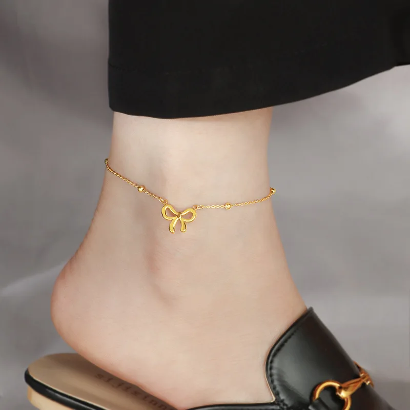 

Light luxury bead bow anklet women's niche temperament advanced sense gold light luxury titanium steel does not fade ins foot ch