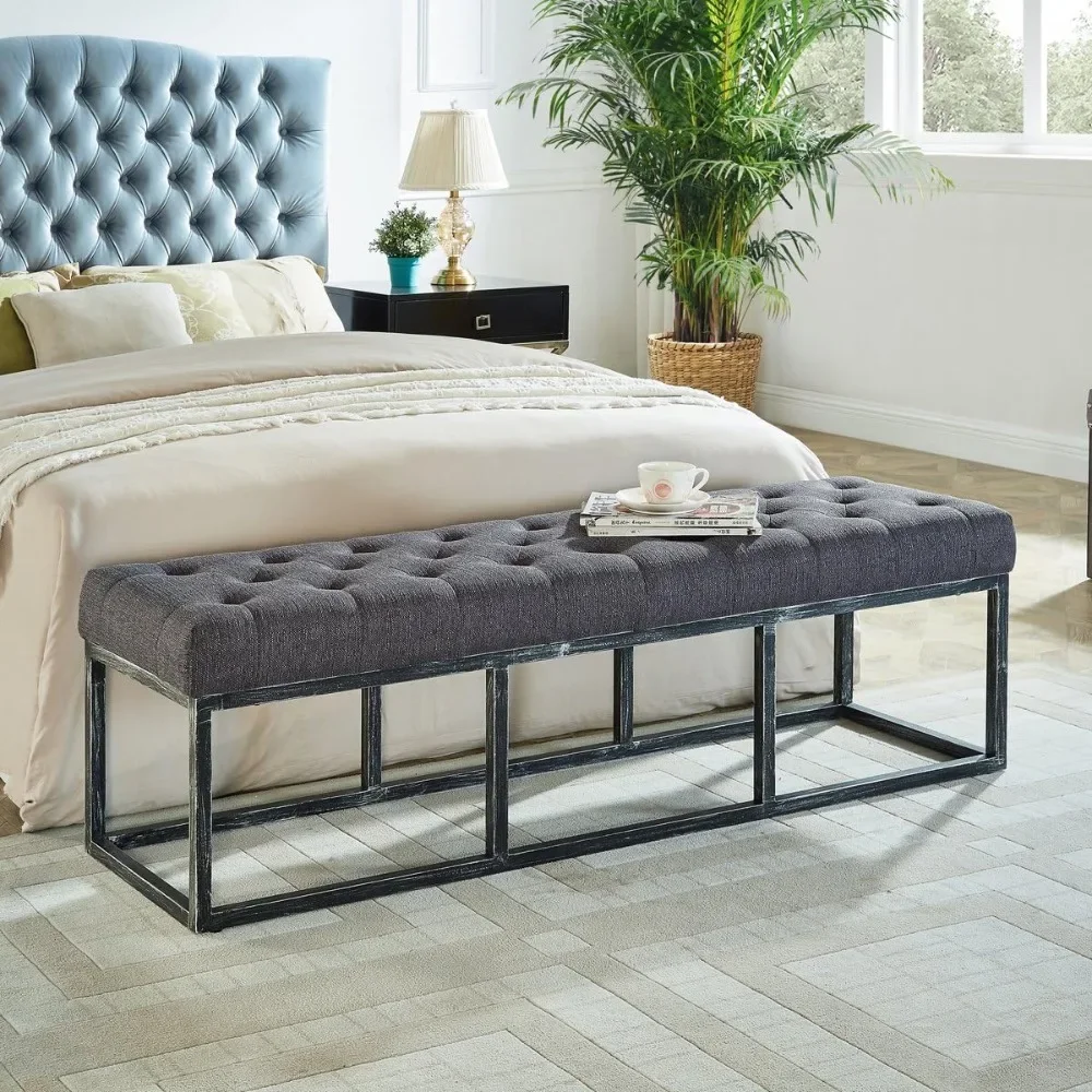 Upholstered Tufted Long Bench With Metal Frame Leg Bed Stool Linen Bench Ottoman With Padded Seat-Dark Gray Bedroom Living Room