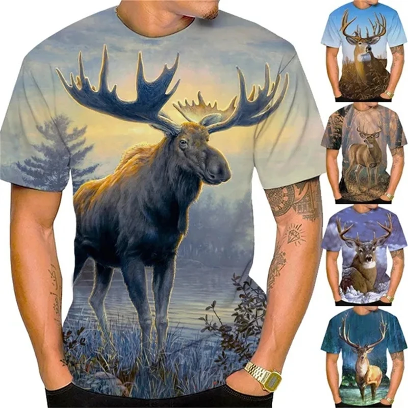 

Men Fashion The Deer 3d Printed Personality T-Shirts Animal Print Harajuku T Shirt Unisex Casual Round Neck Tops Tees Men Women