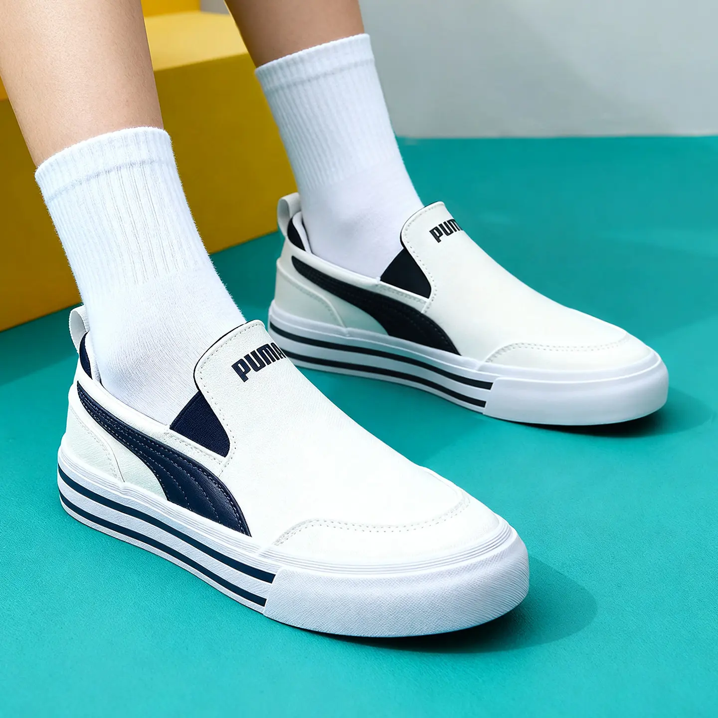 Puma Slip On Canvas Shoes 400216-01 White Navy Logo Easy Wear Casual Sneakers With Pull Tab Sport