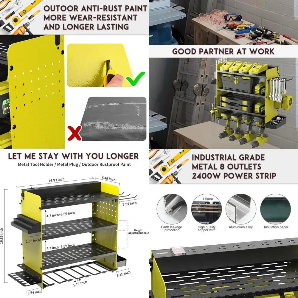 

4-Tier Metal Wall Mounted Tool Organizer with Power Strip and Drill Holder - Green and Black
