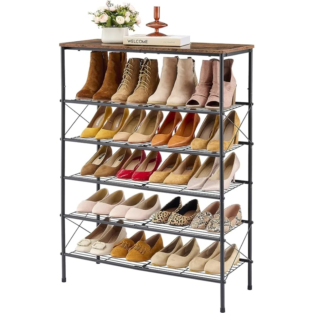 Tajsoon 6-Tier Shoe Rack Organizer, Industrial Shoe Rack for Closet Entryway, Metal Mesh Shoe Storage Shelf with X Shape Fixed