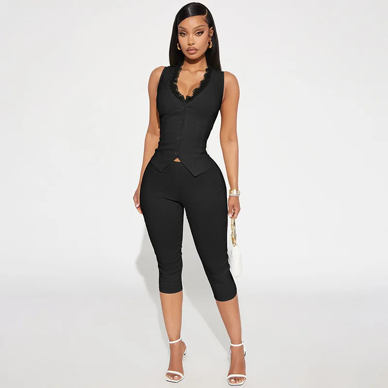 

Женский комбинезон-имитация двойки с кружевными вставками, сексуальный, с V-образным вырезом, без рукавов, на одной пуговице, с вырезами, облегающий, длина до икры